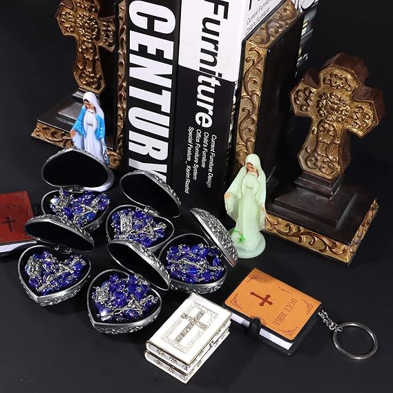 Rosary Beads for Girls with Rosary Box, Blue Crystal Heart Shaped Beads Necklace with Heart Shaped Vintage Jewelry Box, Christian Gifts for Women