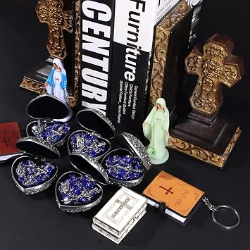Rosary Beads for Girls with Rosary Box, Blue Crystal Heart Shaped Beads Necklace with Heart Shaped Vintage Jewelry Box, Christian Gifts for Women