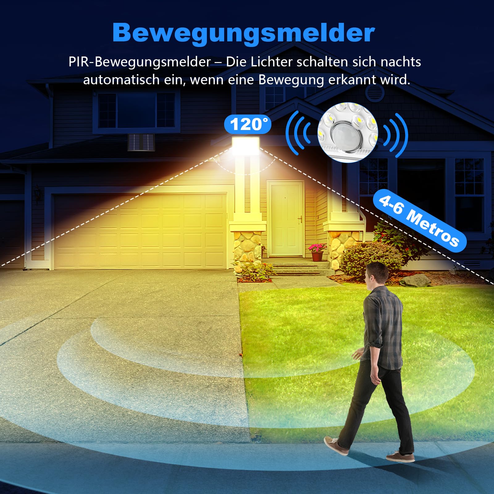 Lampada solare per esterni, lampada solare con sensore di movimento, 3000 K, IP65, impermeabile, con cavo da 5 m, per garage, giardino, cortile, gradini, porte di casa, prato, 2 pezzi