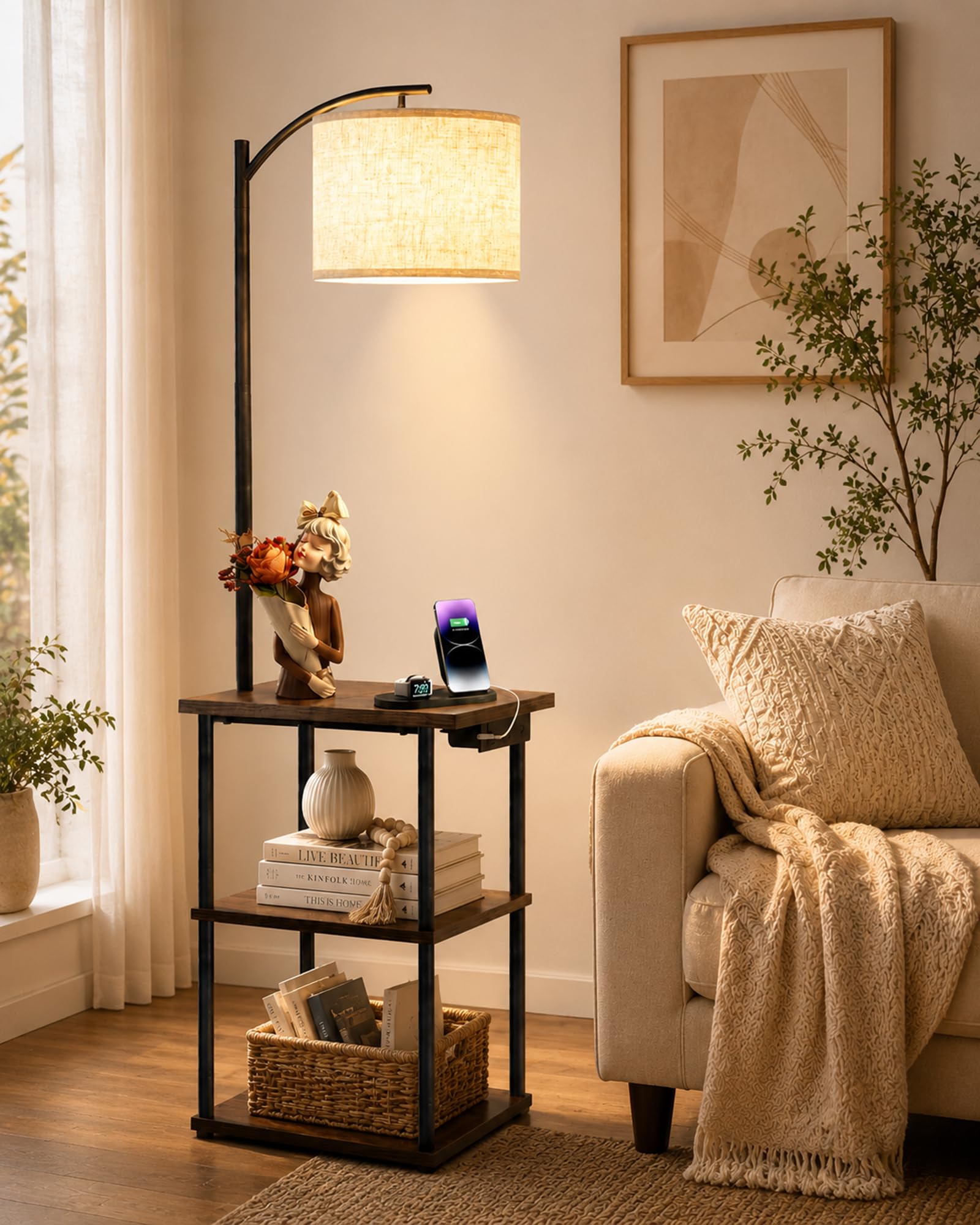 Twilight Wooden Shelf Floor Lamp with USB Charging Port & AC Power Outlet, Modern Corner Standing Lamp with Storage Shelves for Living Room, Bedroom & Home (Walnut, Off-White)-image-13