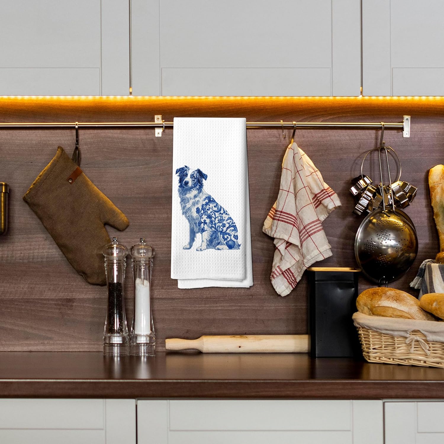 Funny Australian Shepherd Kitchen Towel, Funny Kitchen Decor, Dog Mom Dad Lovers Gifts, Blue and White Grandmillennial Dog Decorative Hand Towel 16x24 Inch - Image 6