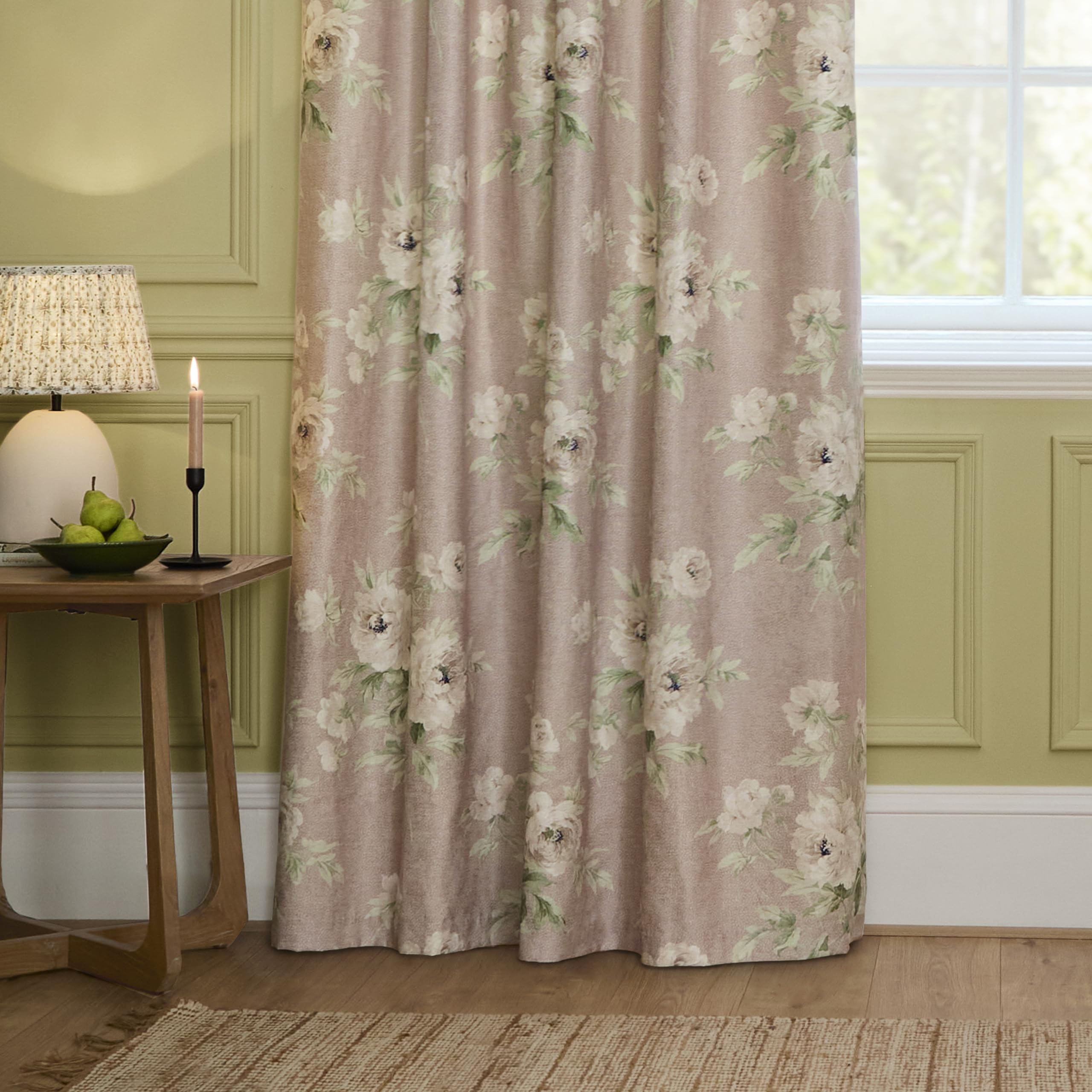 Sanderson Adele Room Darkening Pencil Pleat Curtain Pair - Botanical Floral Peony Lined Chenille Drapes (Rose - 117x137cm) - Image 3