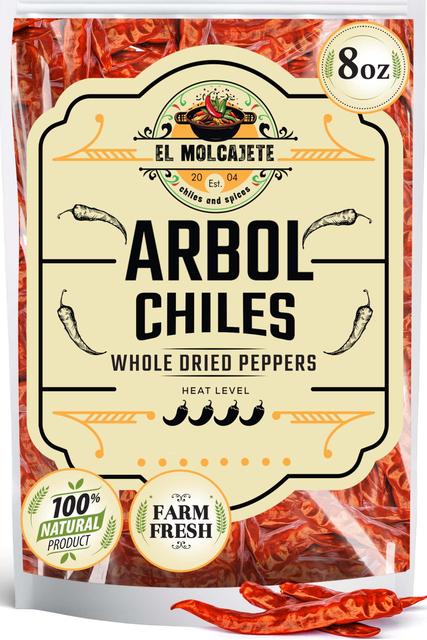 Chile de Arbol 8oz - Dried Whole Red Chili Peppers - Premium All-Natural, Stemless. For Mexican, Chinese, and Thai Cuisine with Bold, Spicy Heat. By El Molcajete