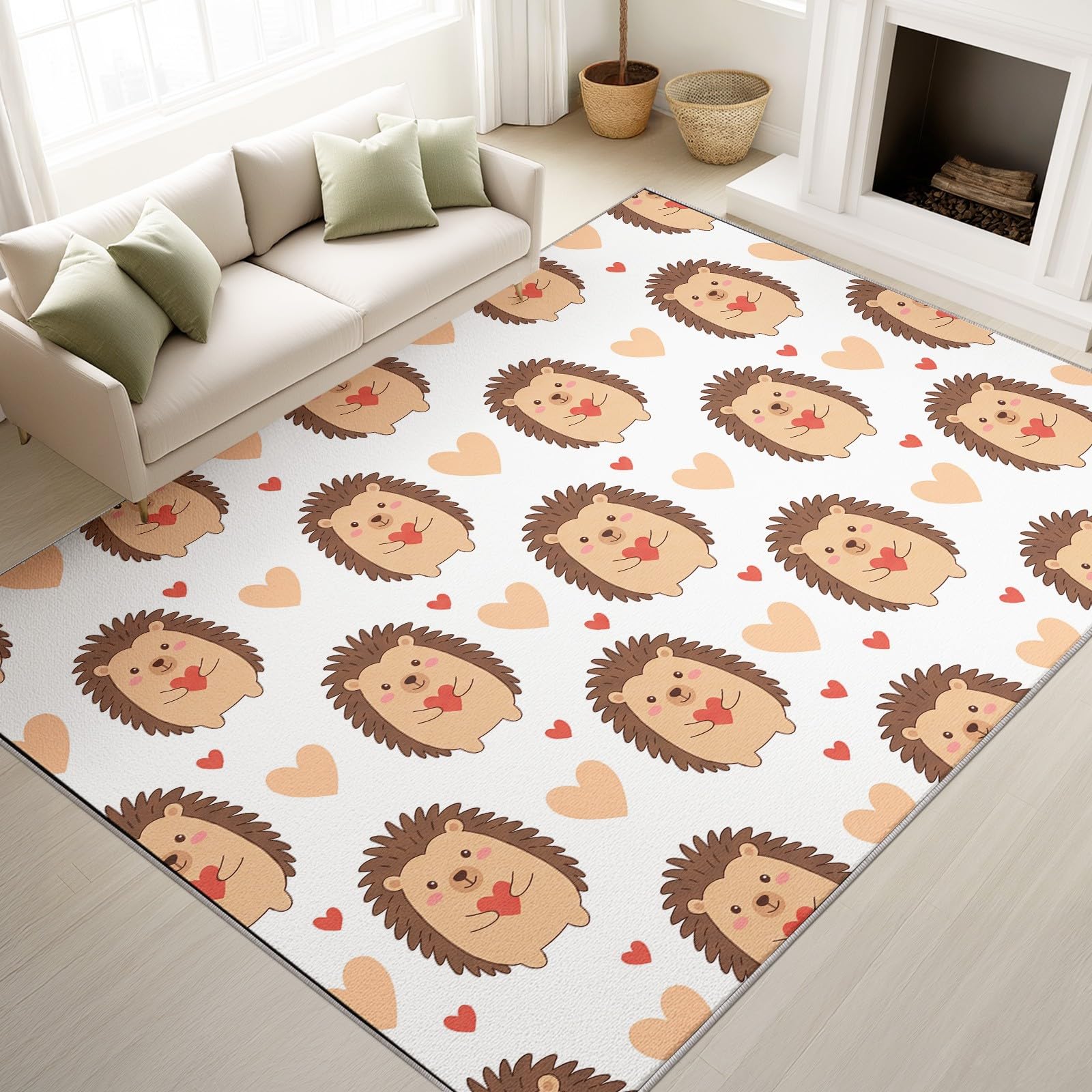 Generisch Tappeto lavabile in lavatrice, morbido tappeto per soggiorno, simpatico e fantasioso, riccio, animali, cuore, bianco, marrone, per bambini, materiale antiscivolo, ideale per bambini, 140 x