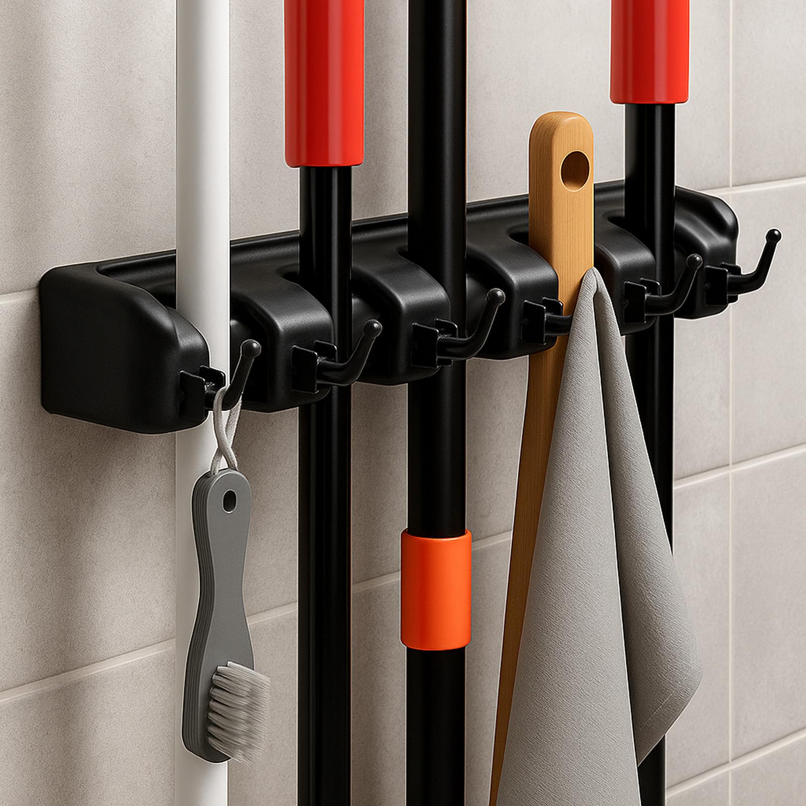 SUNNYNEST 6 Hooks 1 Pack Broom Mop Holder Wall Mounted Broom Storage