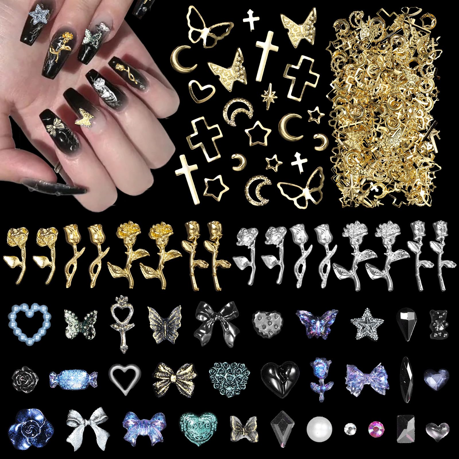 Gold Silver Rose Nail Charms & Art Studs, 450 Pcs Assorted Nails Charms with Pearls, Rhinestones & Flowers
