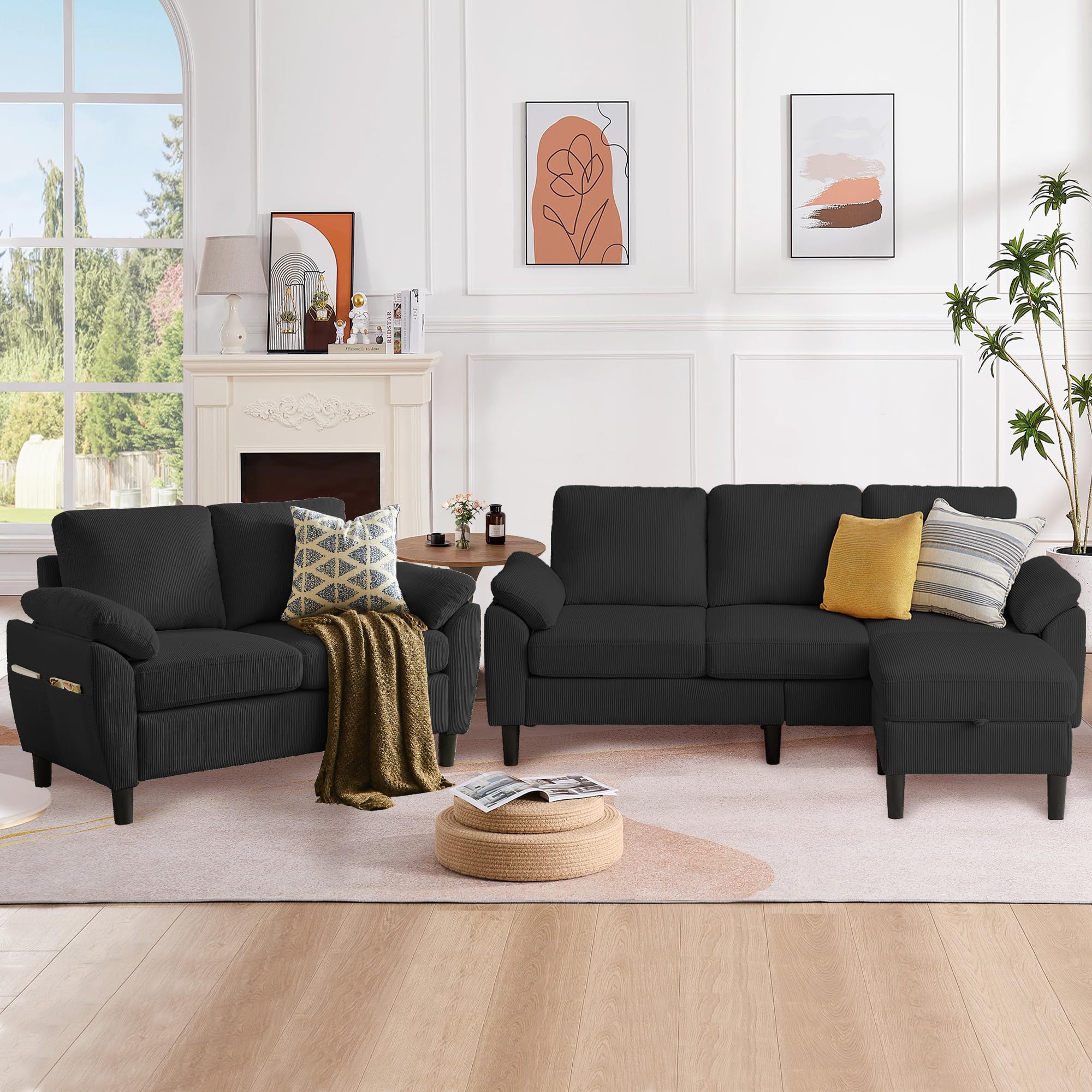 79.72" 3 Piece Corduroy Sofa Set with Storage Ottoman &amp; Loveseat, L Shaped Sectional Couch with Side Pockets, Convertible Living Room Furniture Set for Small Space