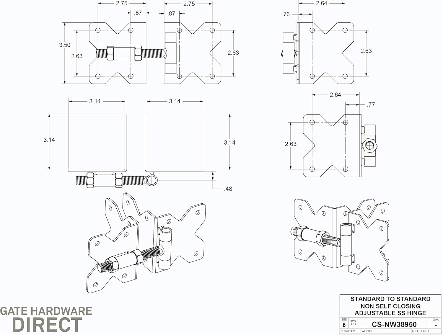 Black Commercial Grade Stainless Steel Gate Hinges | NW38950NSSB | 2 Hinges Per Pack