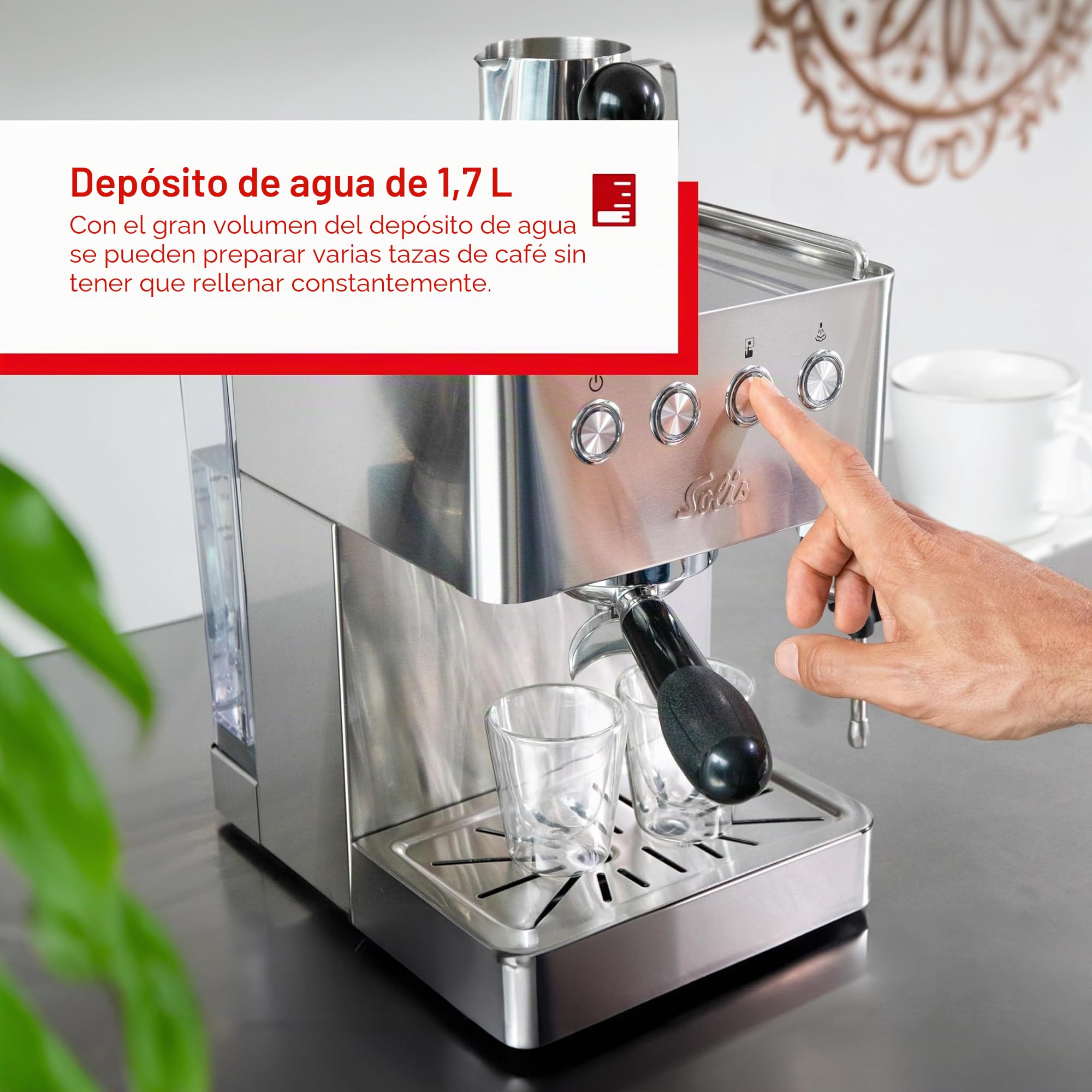 Solis Barista Gran Gusto - Cafetera espresso con depósito de agua extraíble, máquina semiautomática de portafiltros con soporte de filtro profesional de 58 mm, función de agua caliente y vapor, acero