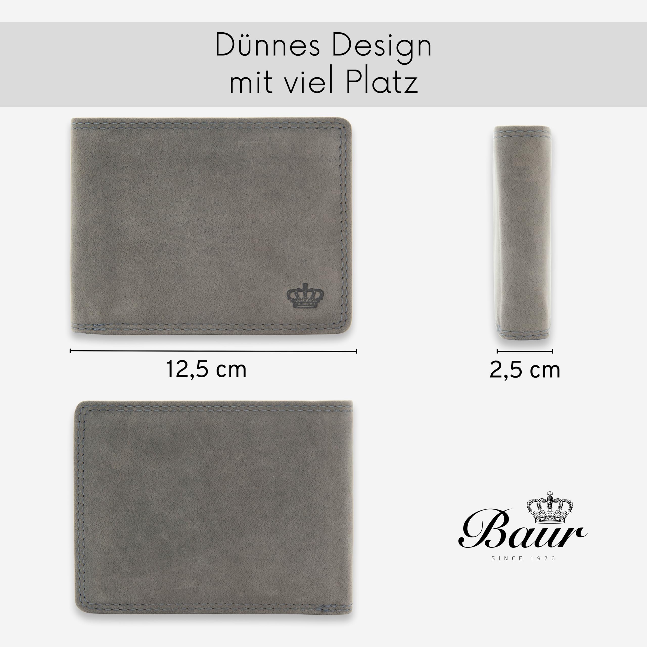 Baur - Cartera de piel de búfalo auténtica para hombre, con protección RFID, formato horizontal, con compartimento para monedas, con muchos compartimentos para tarjetas, gris, 12,5x9,5x2, Formato