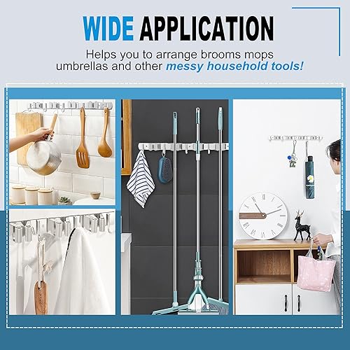 Miniatura 8 de NUHATOP Paquete de 2 soportes de pared para escobas 4 clips y 5 ganchos acero inoxidable organizador de trapeador y escoba antideslizante
