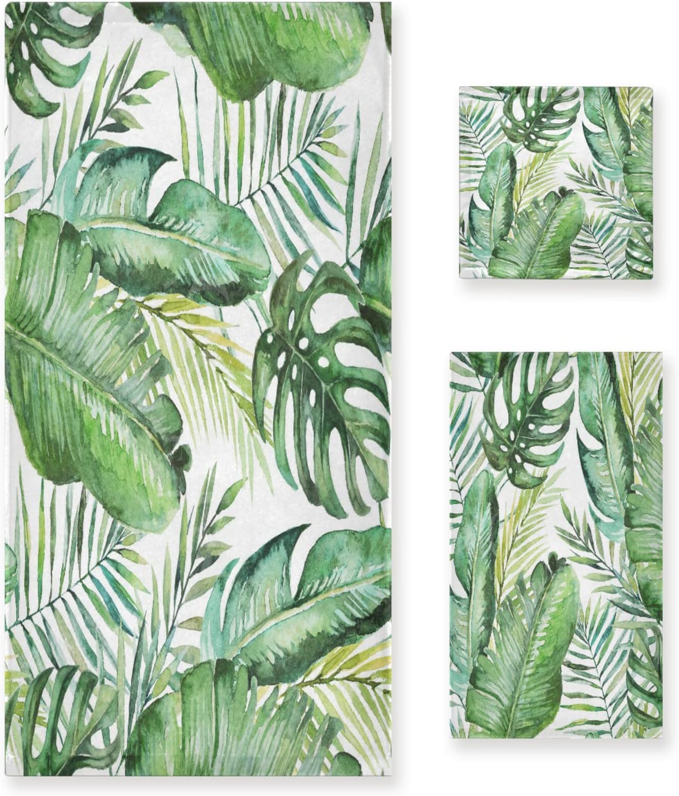 HATESAH Bath Towels Set Soft Highly Absorbent Spring Green Tropical Palm Fern Leaves Decorative Towel Set 3 Piece,1 Bath Towel,1 Hand Towel,1 Washcloth,Luxury Towels for Bathroom,Shower,Spa,Hotel