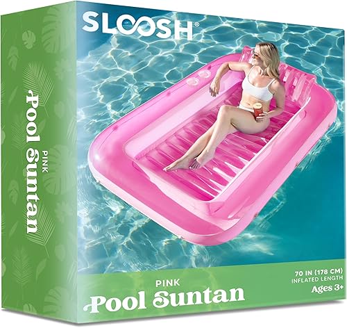 Miniatura 7 de Sloosh Flotador inflable de bronceado para piscina, flotador de balsa de 70 x 46 pulgadas, piscina de bronceado con almohada, tumbona personal para