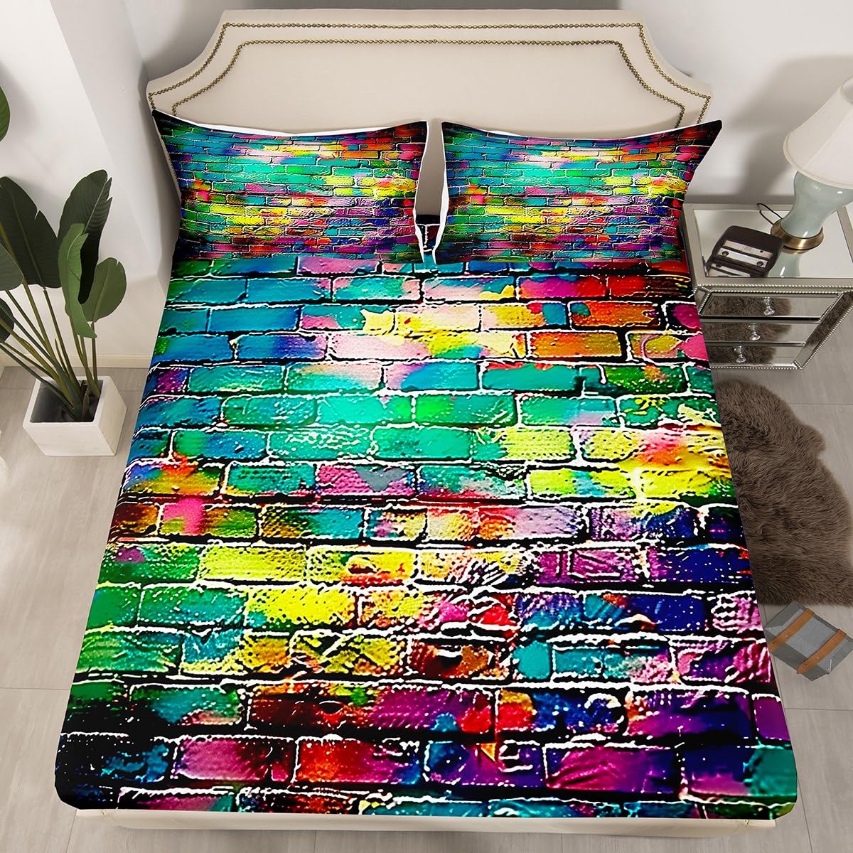 Colorful Brick Wall Bed Sheet Set Wall Graffiti Art Bedding Set Hippie Style Fitted Sheet for Boys Girls Teens Bedroom Decor Grunge Design Bed Cover Twin Size with 1 Pillow Case