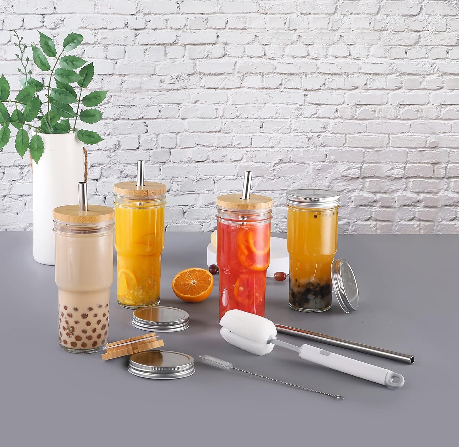 4 Pcs 24 oz Glass Cups With Bamboo Lids and Straws & 4 Airtight Lids, Reusable Smoothie Cups Mason Jar Drinking Glasses Iced Coffee Cups Glass Tumbler for Bubble Tea, Juice, Gift - Image 7