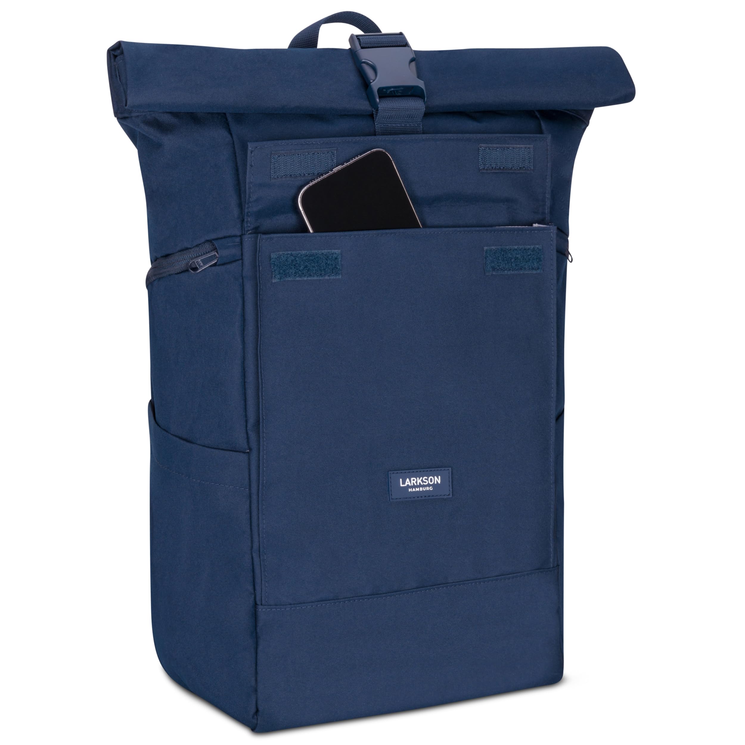 LARKSON Plecak damski i męski – No 4 Large – Rolltop Backpack 21 l z kieszenią na laptopa o przekątnej ekranu 16", do pracy i na rowerze – duży plecak podróżny z paskiem na kółkach, granatowy, jeden