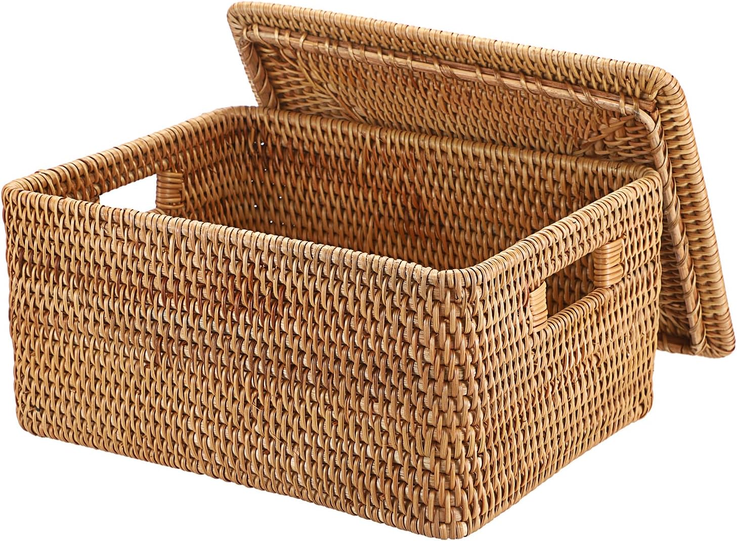Hipiwe Wicker Storage Bins with Lid Handwoven Rattan Baskets Rectangular Decorative Shelf Baskets Bin with Handles Household Basket Boxes for Home Organizing,13.2"L x10.2"W x6.7"H
