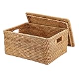 Hipiwe Wicker Storage Bins with Lid Handwoven Rattan Baskets Rectangular Decorative Shelf Baskets Bin with Handles Household Basket Boxes for Home Organizing,13.2