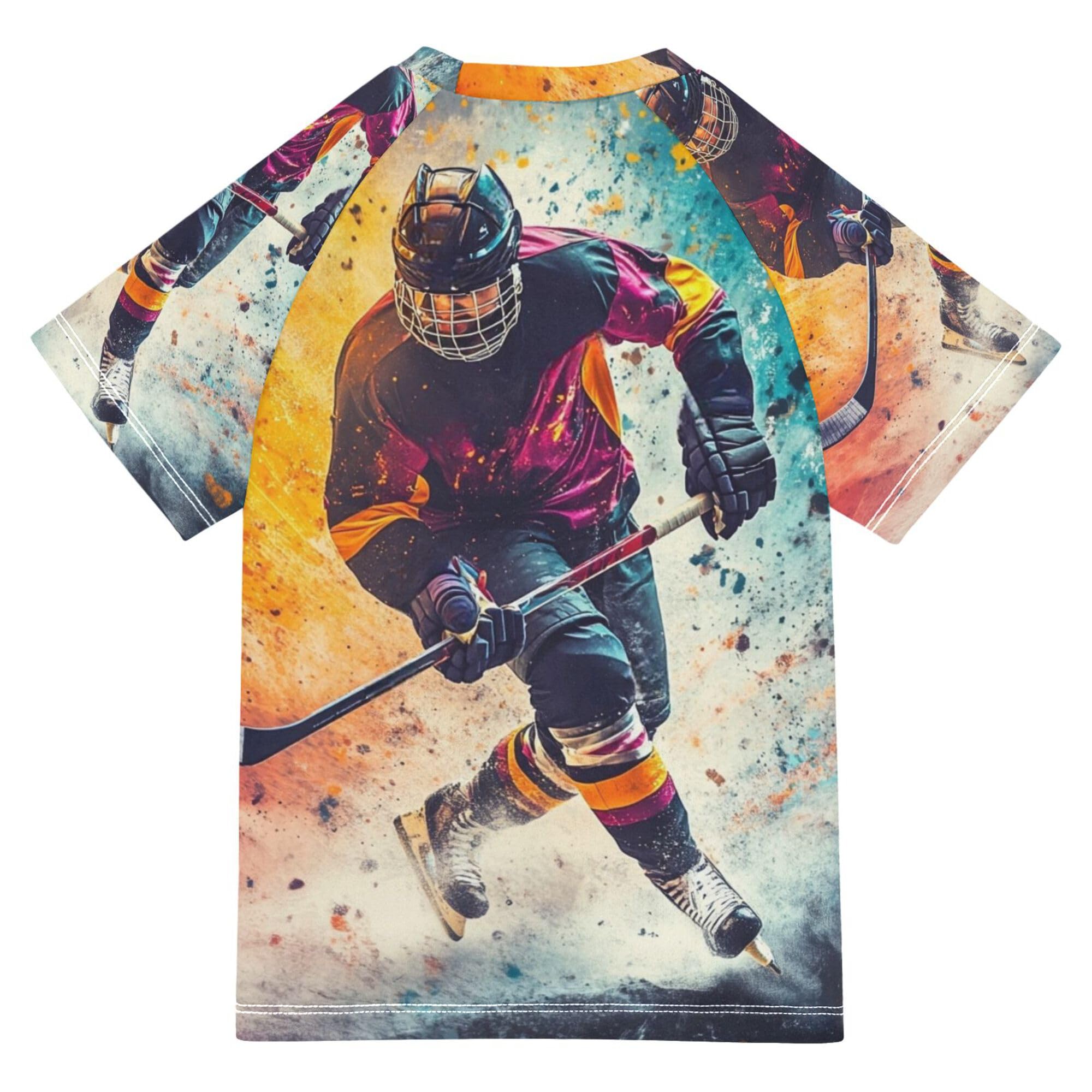 Glaphy Ice Hockey Sports Boys Rash Guard Swim Shirt Toddler Short Sleeve Swimwear UPF 50+ Quick Dry Rashguard Shirt Multicoloured