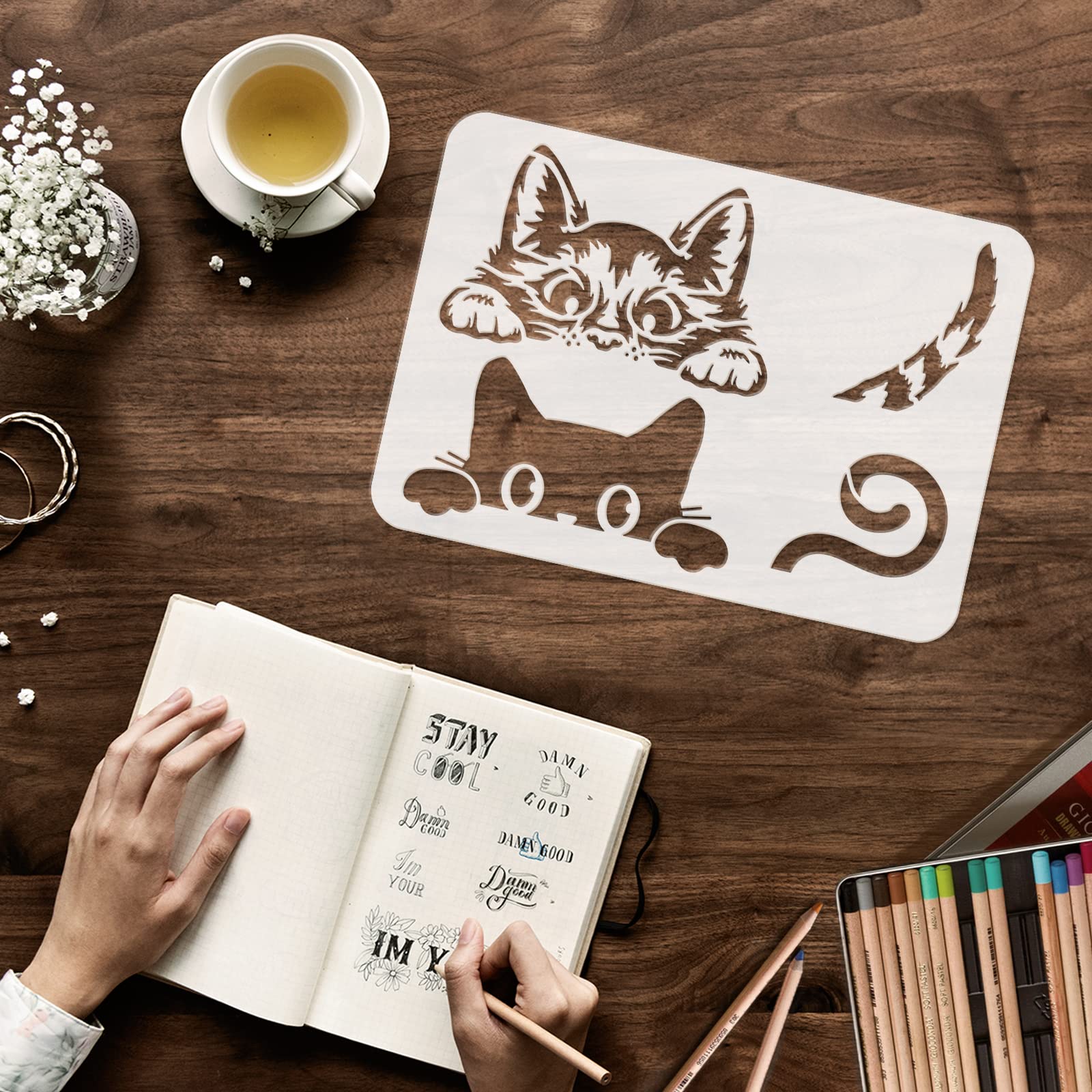 FINGERINSPIRE Stencil per pittura a forma di gatto che sbircia, 29,7 x 21 cm, riutilizzabile, stencil per disegno fai da te, per pareti, legno, mobili, tessuto e carta