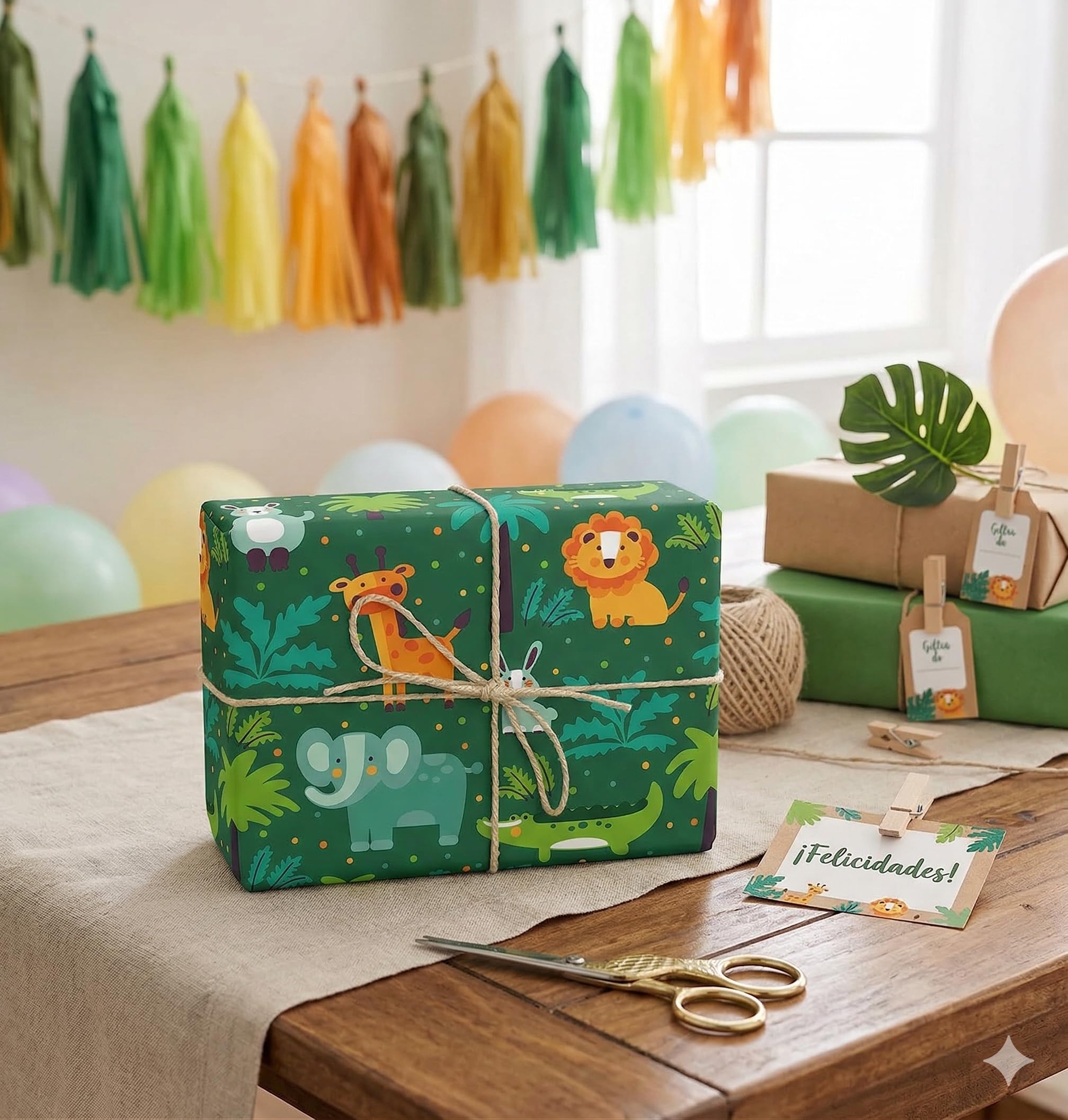 Rollo de Papel Regalo Infantil Animales Selva 62cm x 80m Bobina Grande Resistente - Niños Cumpleaños Decoración - FP Fiesta Paper