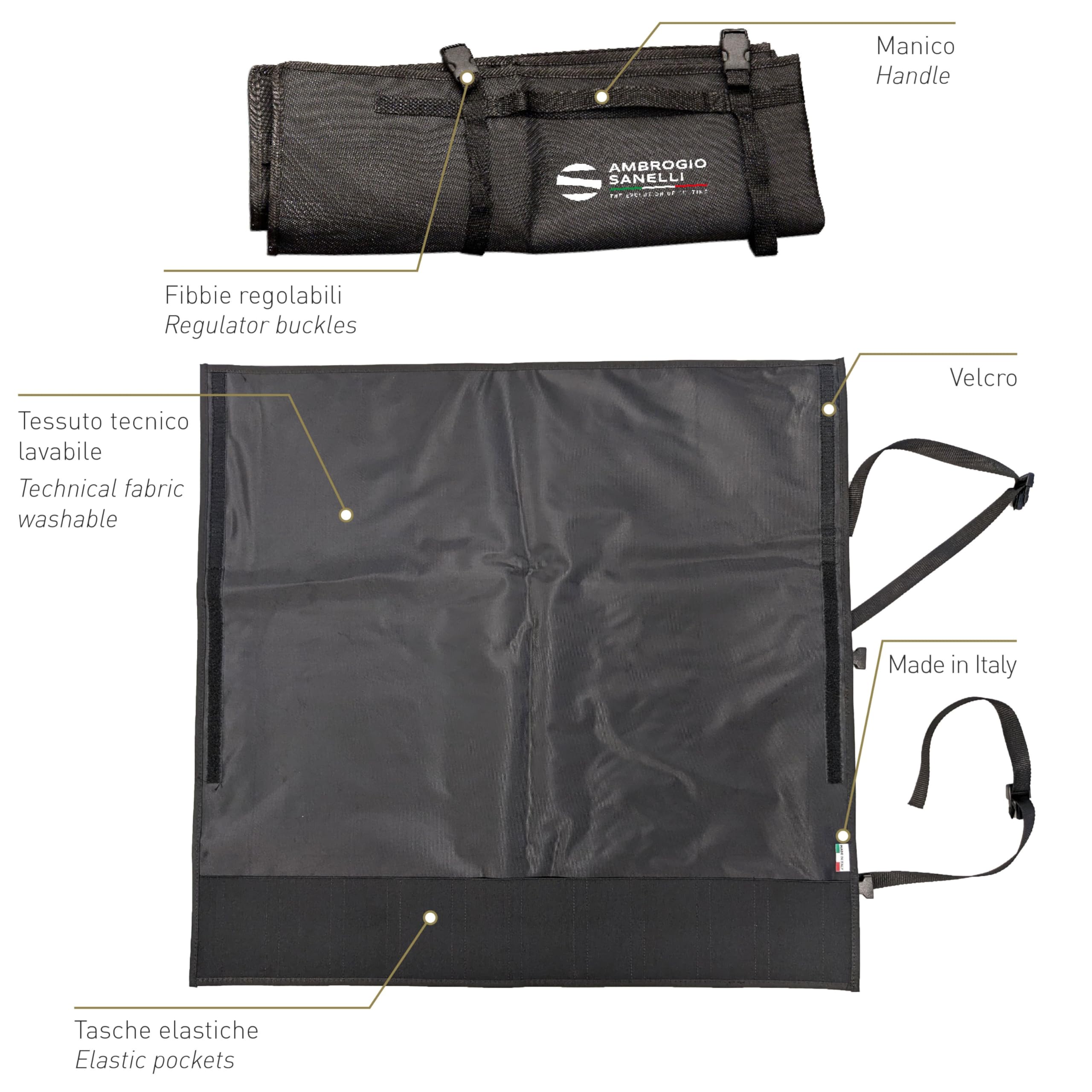 Ambrogio Sanelli, Rotolo Porta coltelli Chef, Custodia per 10 Coltelli/Accessori, Adatto per Lame fino a 30 cm, 2 Fibbie Regolabili e Maniglia per il Trasporto, Pratico e Sicuro, 75,5 x 72 cm
