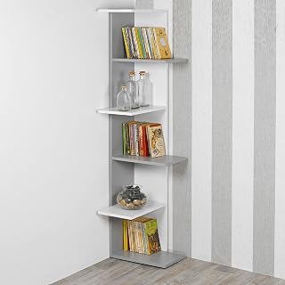URBNLIVING Wooden Modern Free Standing Display Corner Bookcase (White+Grey, 5 Tier)
