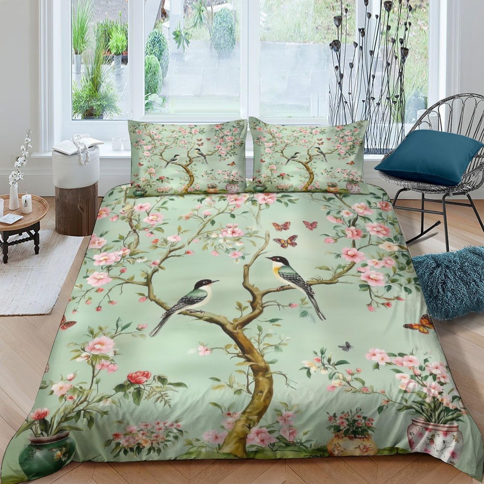 Ctjqhvkz Style-7 3D Printed Bird And Blossom Fitted Sheet Microfiber Soft Green Floral Tree Mattress Cover Bedroom Decor Single（135X200cm）