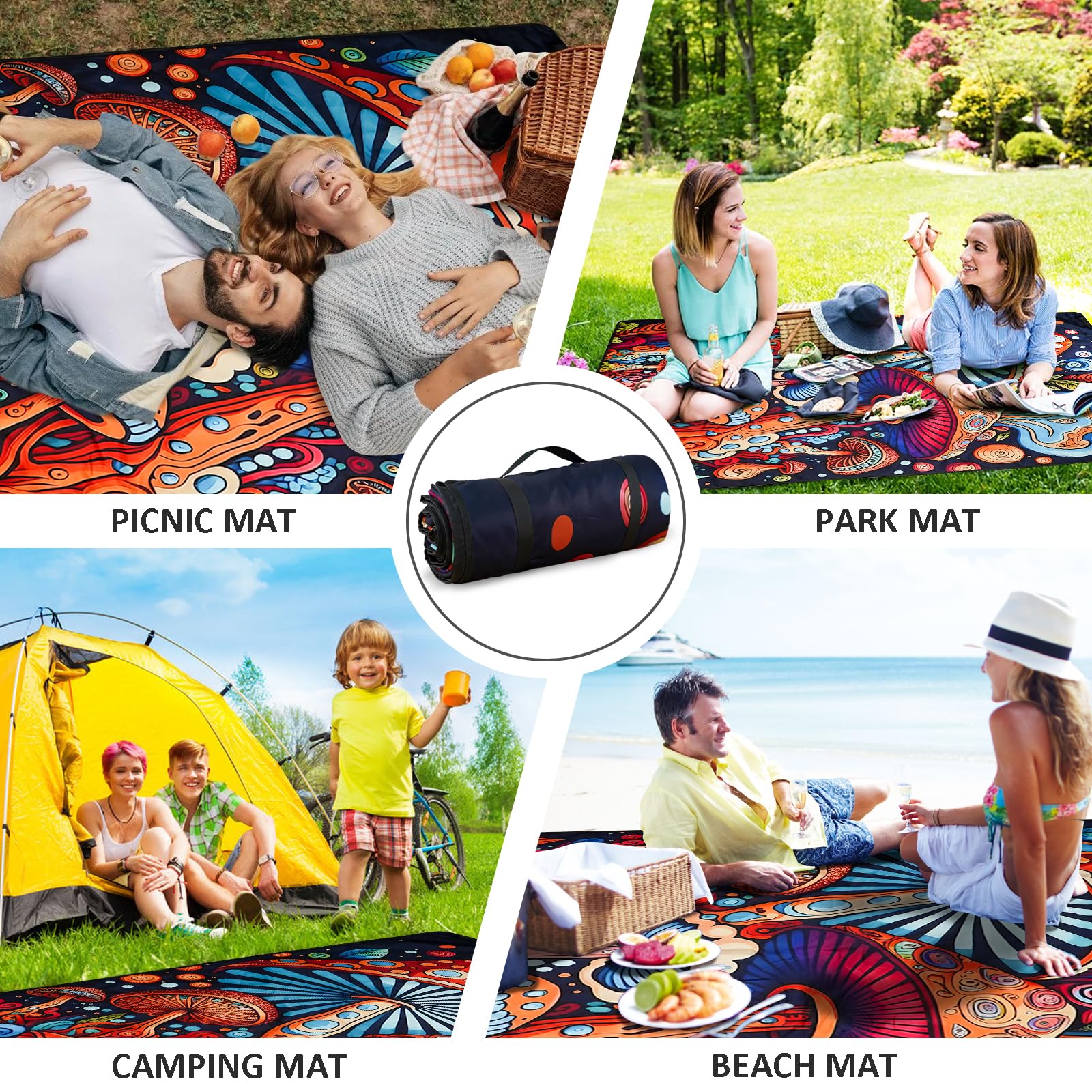 Pilz-Picknickdecke, wasserdicht, faltbar, Picknickdecke, 203,2 x 152,4 cm, Picknick-Matte, 3-lagig, dick, Outdoor, faltbare Decken, sanddicht, leicht, Stranddecken mit Riemen, maschinenwaschbar