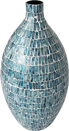 Deco 79 Jarrón inspirado en mosaico hecho a mano con nácar, 11 x 11 x 22 pulgadas, azul