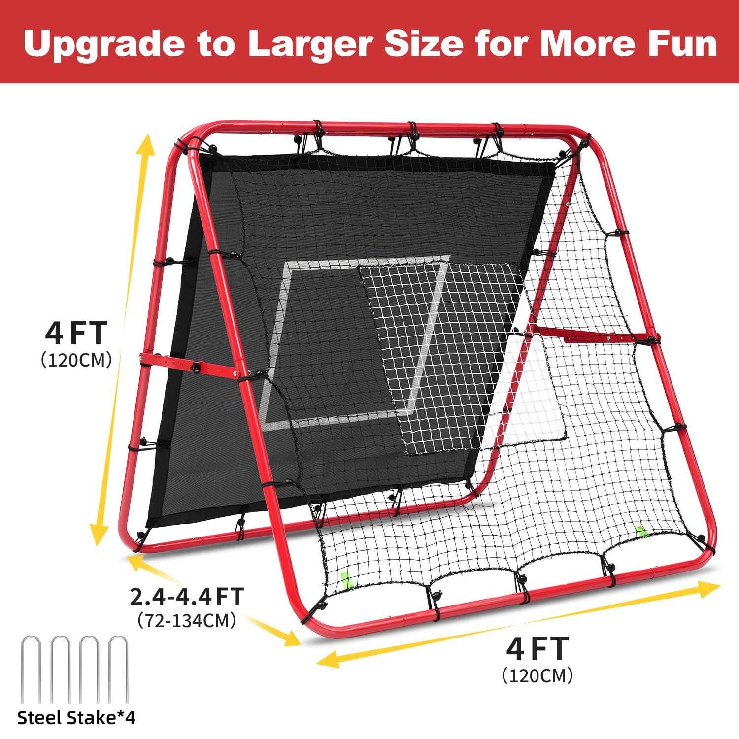 BAGAIL Rete Rebounder Doppio Lato, Pali Dipinti Rinforzati, Angoli Regolabili, Struttura Foderabile, Rete Rebound con Target per Allenamento Abilità, Obiettivi Calcio Portatili per Giardino