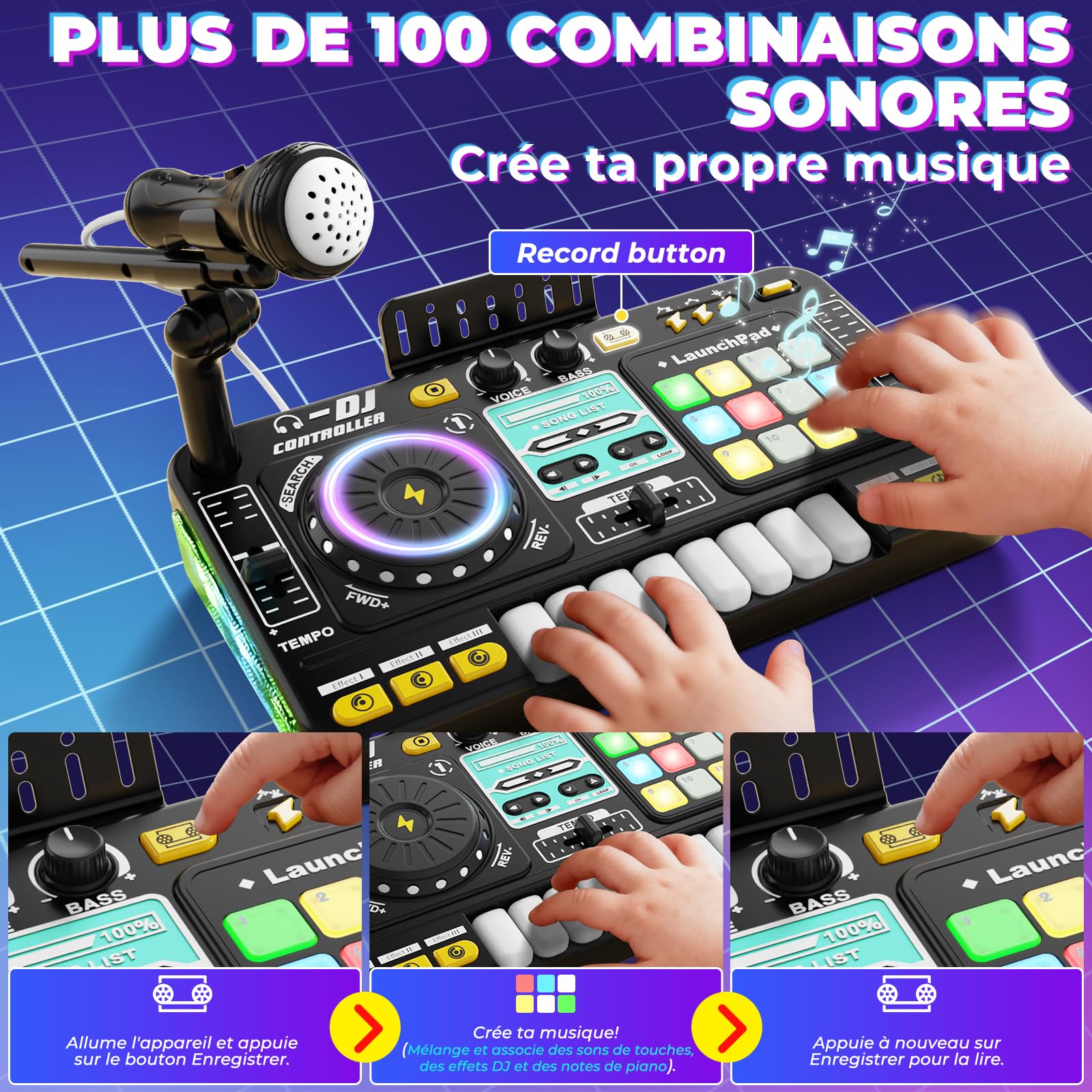 Table de mixage DJ - Pupitre pour enfants de 3 à 10 ans - Contrôleur DJ - Instruments de musique avec microphone - 100 effets sonores - Batterie - Cadeau pour débutants - Garçon et fille - 3, 5, 6, 7