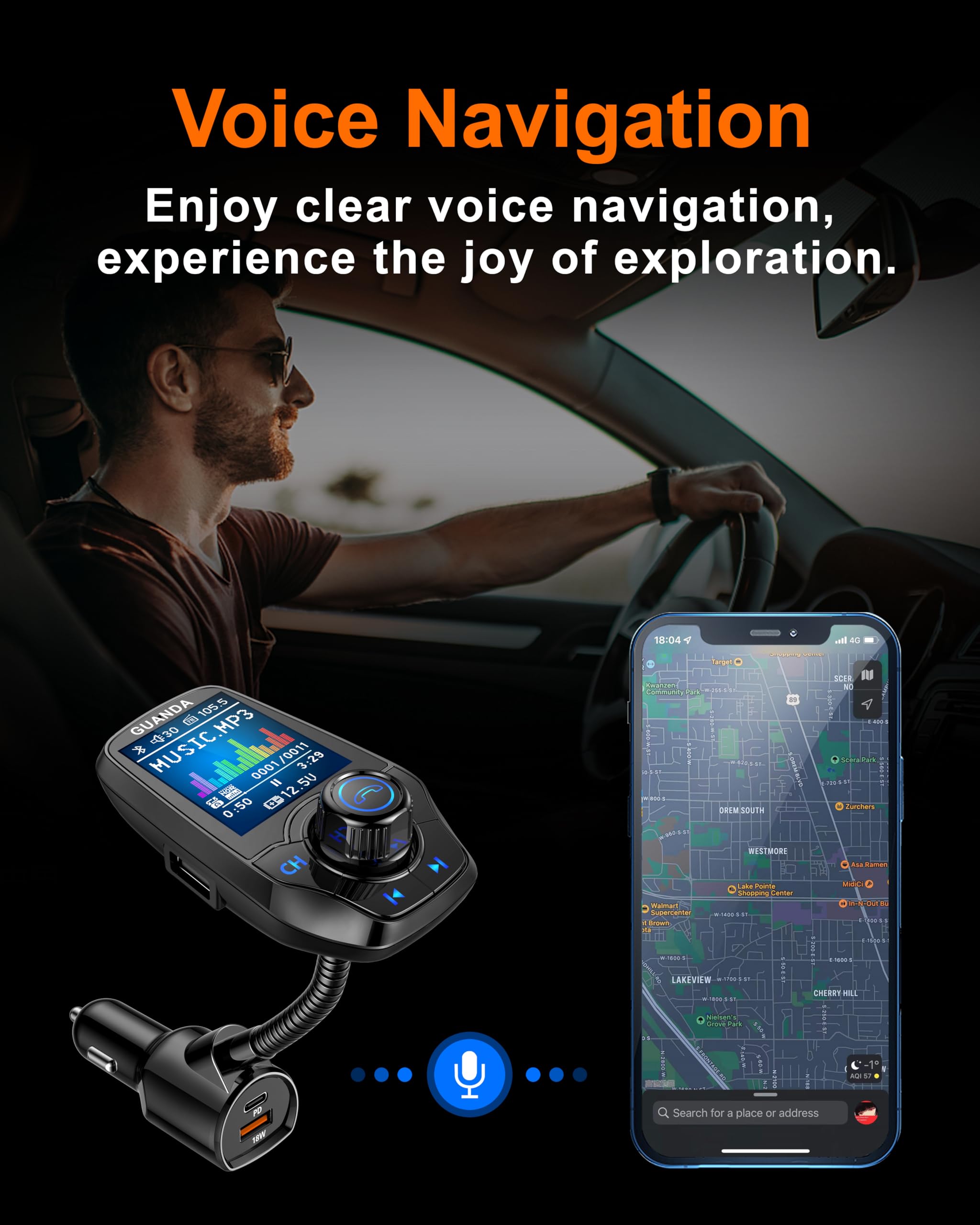 Bluetooth FM Transmitter Auto, Kabelloses Radio Auto Adapter mit 1,8'' Farbdisplay, Freisprechfunktion, AUX-Eingang/Ausgang, SD/TF-Karte, 3 Port USB PD 20W Ladegerät, 5 EQ Modi, 4-in-1 Car MP3 Player