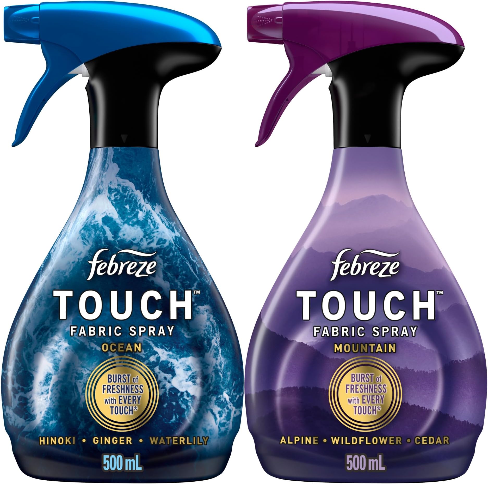 Febreze Touch Fabric Spray, Air Freshener, Odor-Fighting Fabric Refresher, Couch and Linen Spray, Sneaker Balls Alternative, Ocean and Mountain Scent, Multicolor, 16.9oz, 2ct