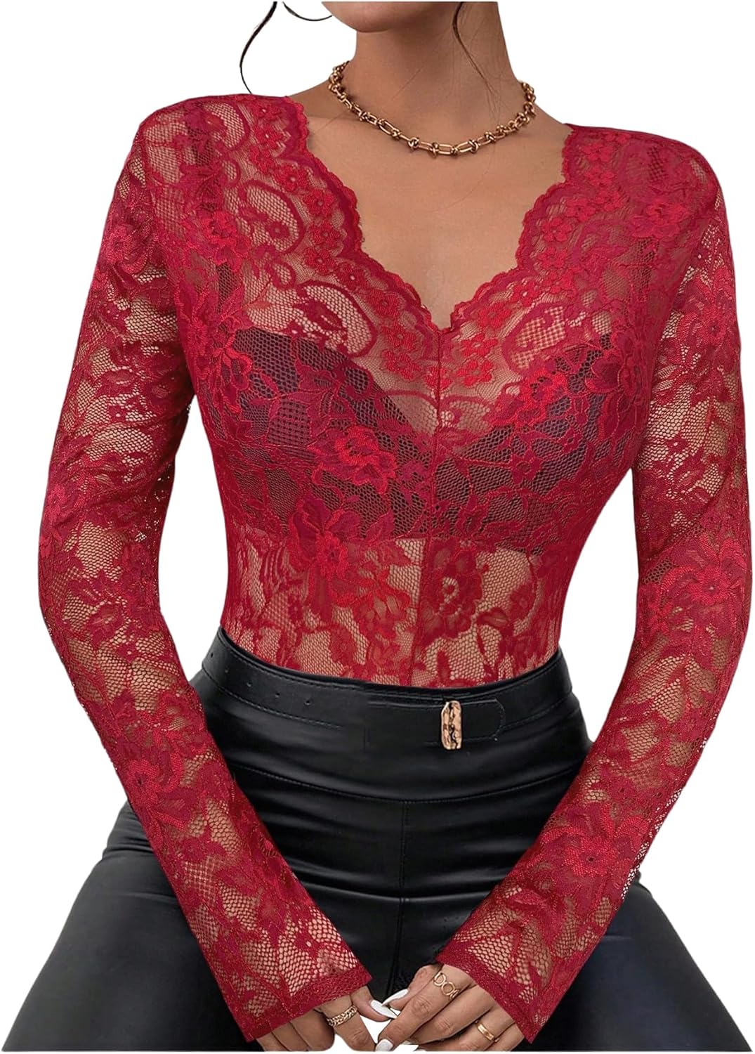 WDIRARA Women's Floral Embroidery Mesh Lace Top V Neck Sheer Long Sleeve Blouse - Image 5
