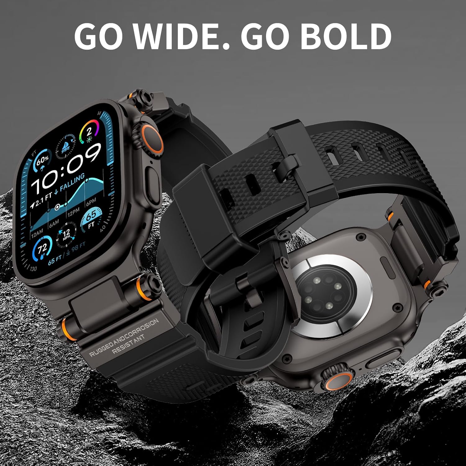 Rugged Band Compatible with Apple Watch Ultra 3/2/1 Band 49mm/46mm/45mm/44mm/42mm, Metal Connector with Silicone Strap for iWatch Ultra Series 11/10/9/8/7/6/SE3/SE2/SE/5/4/3/2/1, Black/Black - Image 4