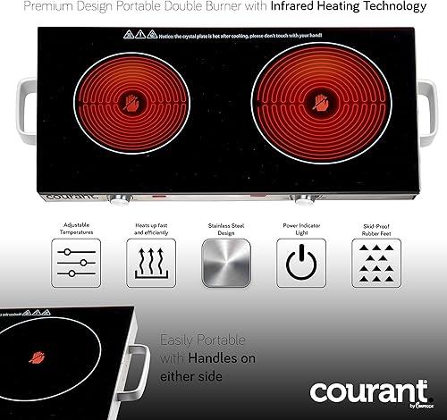 Miniatura 8 de Courant Quemador infrarrojo doble eléctrico, placa de cocción de placas de vidrio de cerámica, 1700W - Acero inoxidable