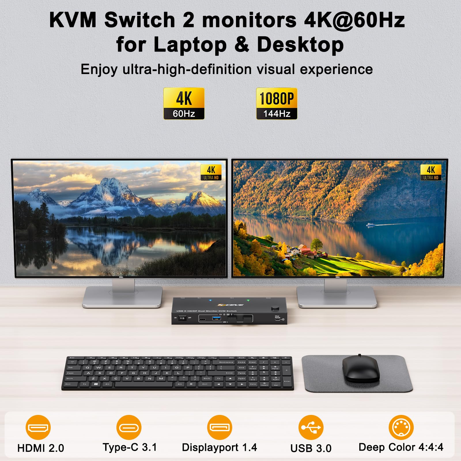 KVM Switch Laptop PC 2 Monitore, KVM Switch 2 PC 2 Monitore USB C DP HDMI Teilen 4 USB 3.0 Ports, 4K@60Hz, MST, PD 60W, Wired Remote(4K USB C DP HDMI 2 in 2 out KVM)