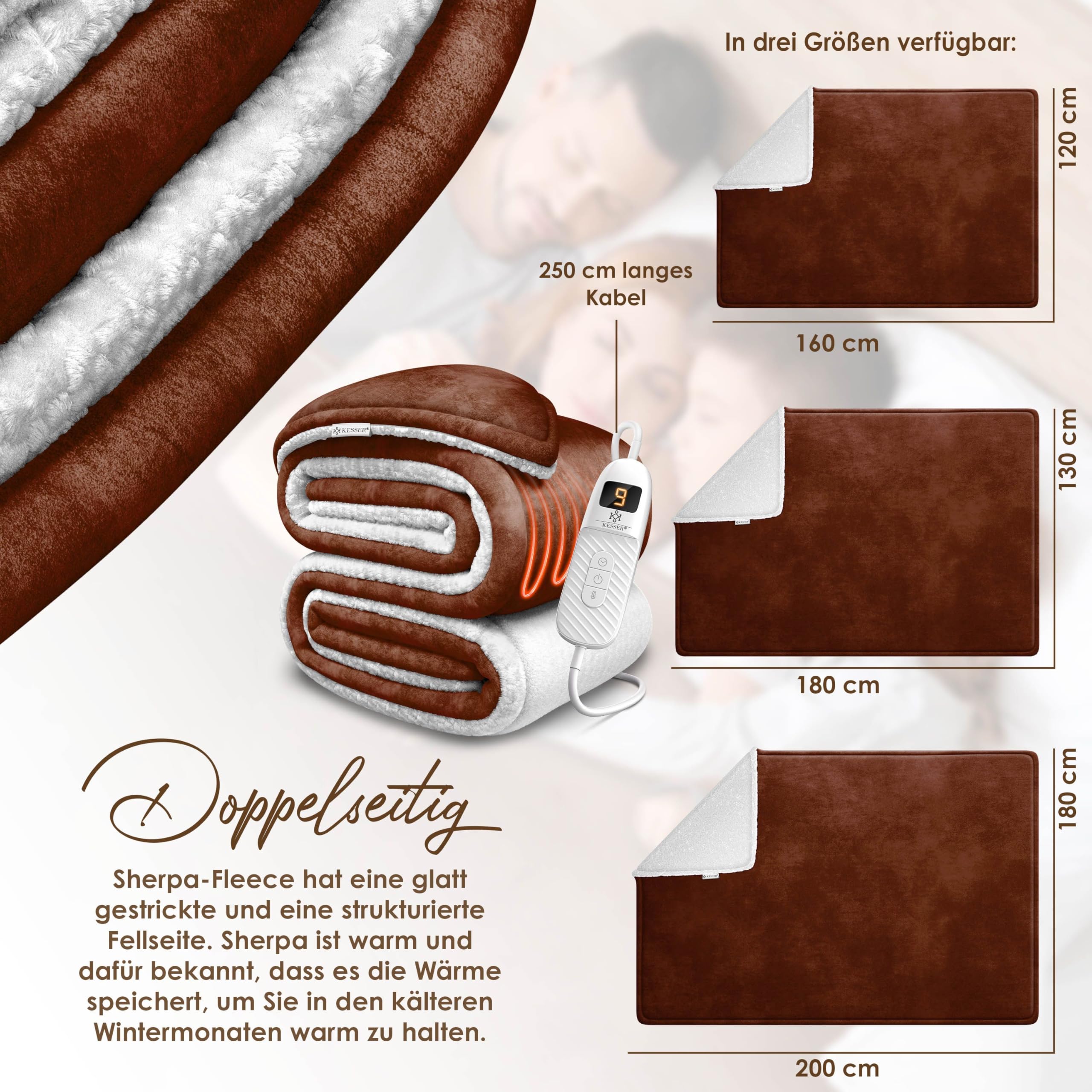 KESSER® Elektrische Deken Van Sherpa Fleece, Dubbelzijdige Warmtedeken Met Timer Automatische Uitschakeling Knuffeldeken 9 Temperatuurniveaus Wasbaar Tot 40 C Digitaal Display 2706563987