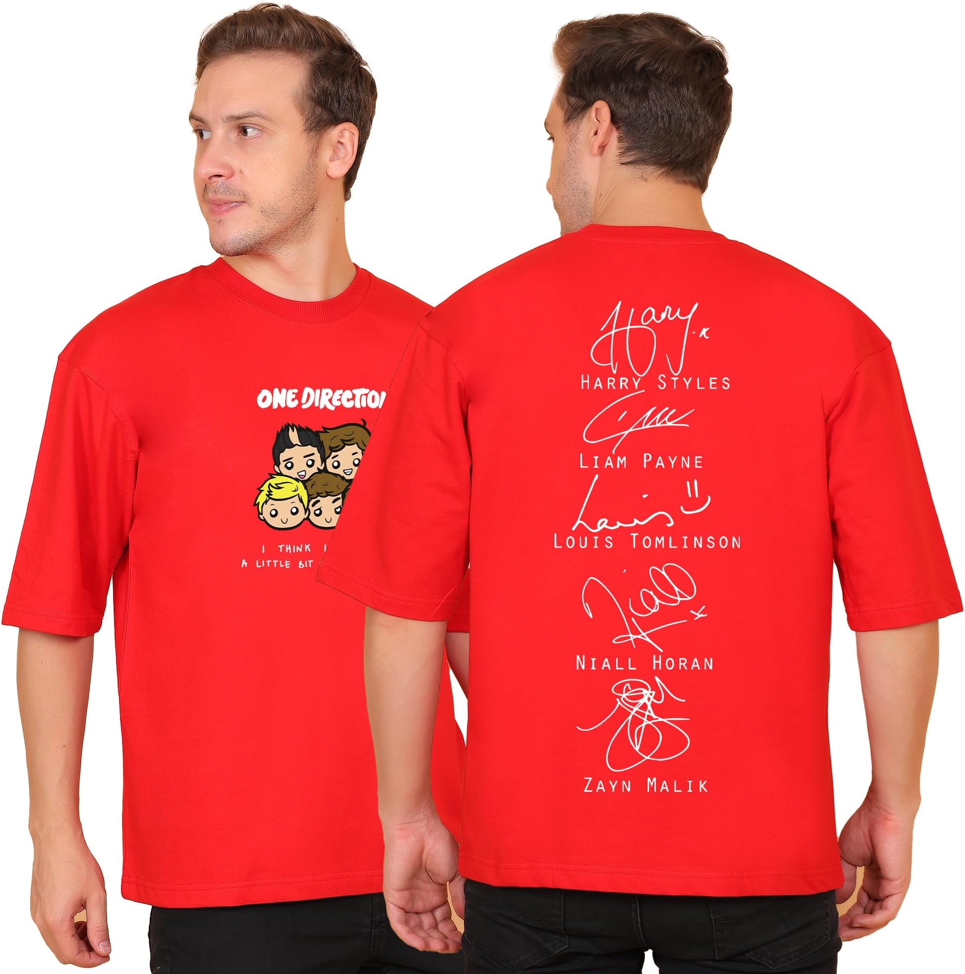 One Direction Oversized Red Tshirt for Men and Women Member Signatures Drop Shoulder Unisex Pure Cotton Baggy Loose Fit T-Shirts