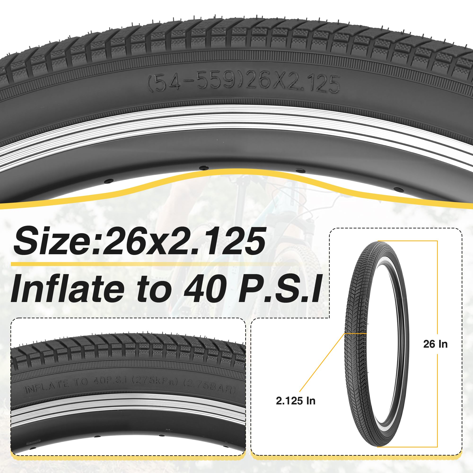 2PSC 16/20/24/26x2.125 Fahrradreifen 57-305/57-507/57-559 Fahrradmantel mit/Ohne Schlauche kompatibel Mountainbike/Citybikes/BMX/Beach Bike