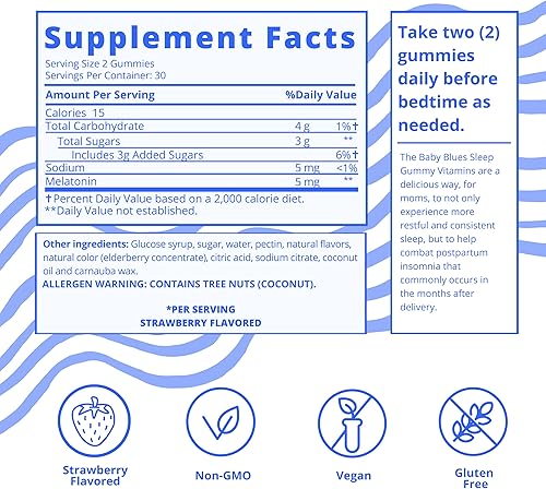 Miniatura 4 de Baby Blues Vitaminas para dormir para mamás - Gomitas con sabor a melatonina y fresa de 5 mg