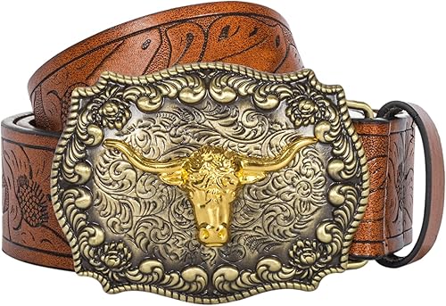Miniatura 8 de Cinturón de vaquero occidental para hombre y mujer, de piel sintética, estampado floral, con hebilla de toro (para 25" a 38" cintura)