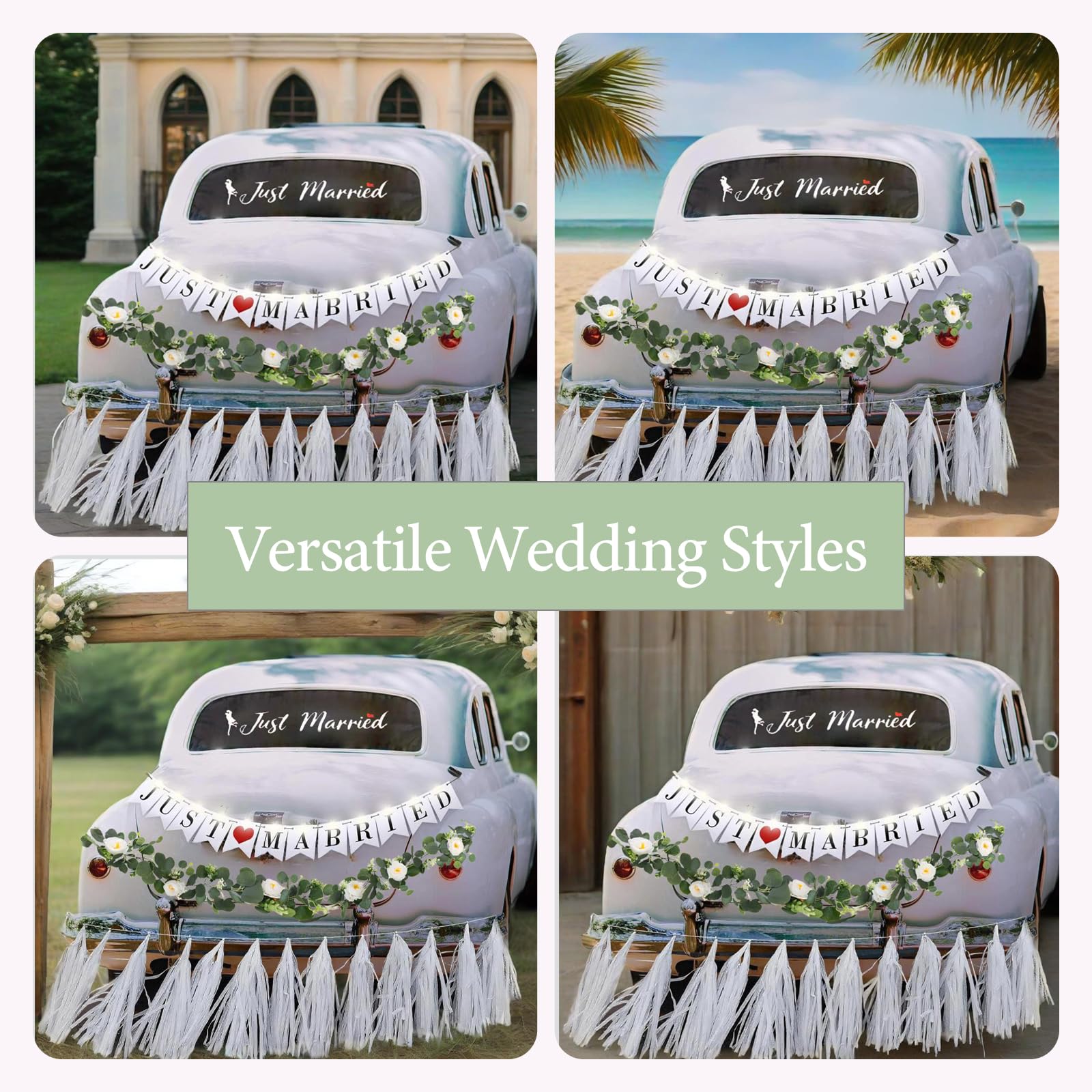 Lot de 4 décorations de voiture « Just Married » avec bannière amovible en papier et pompons pour fenêtre de mariée et marié, lune de miel, escapade, envoi de véhicule