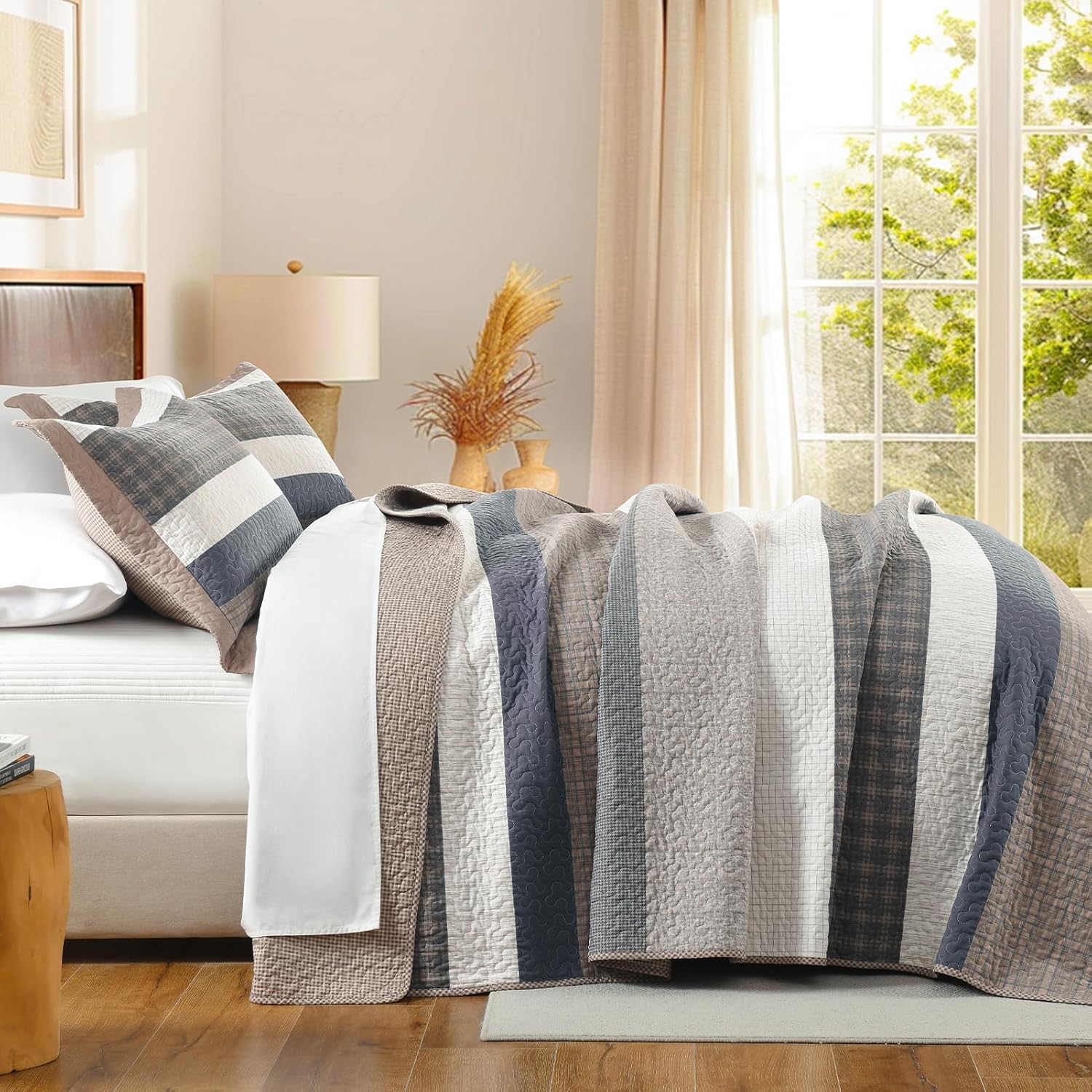 Queen Quilt Bedding Set, 3 Piece 100% Cotton Queen Comforter Set, Farmhouse Brown Checkered and Striped Bedspread, Reversible Lightweight Quilted Coverlet, All Season