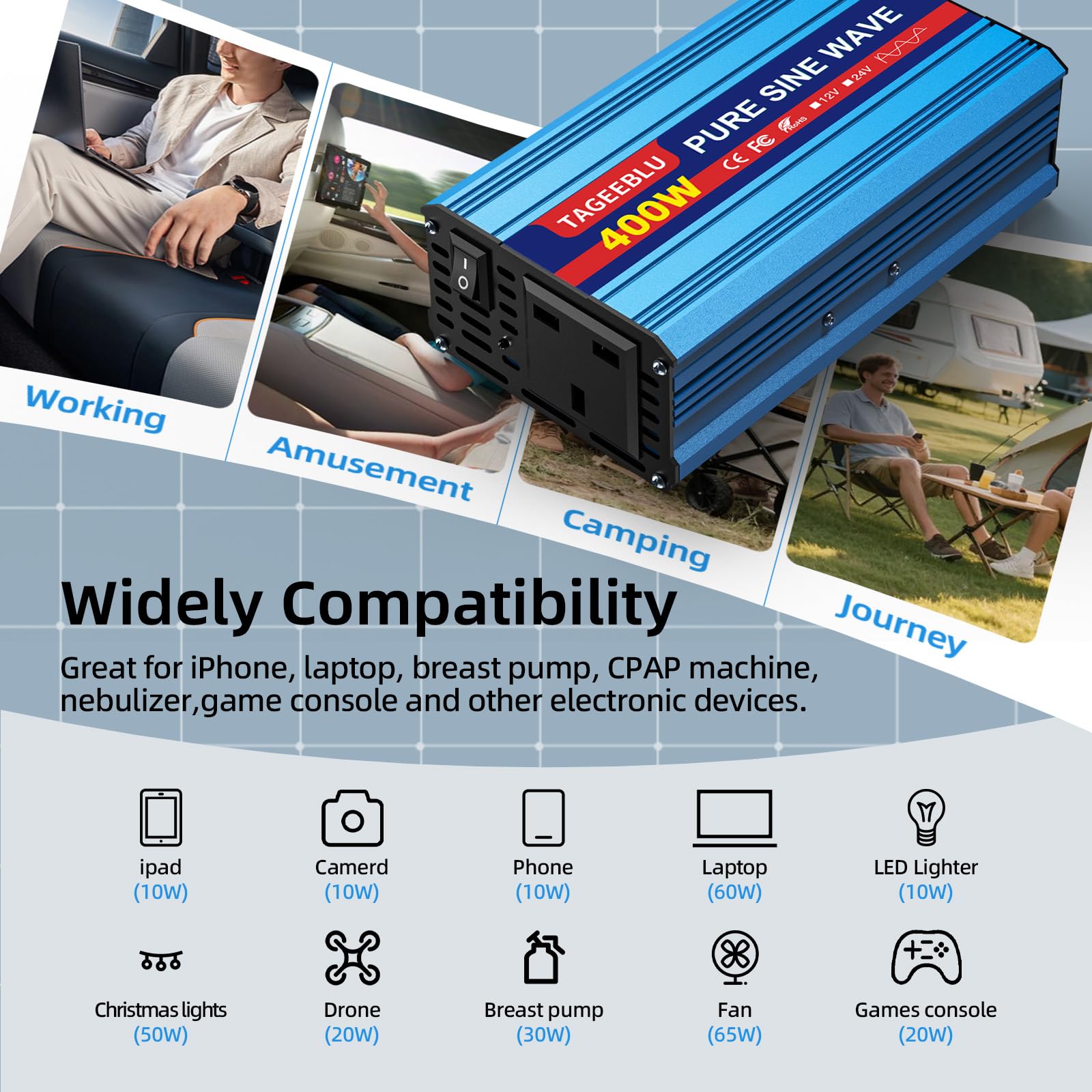Pure Sine Wave Power Inverter 400w DC 12V to AC 240V Voltage Converter with AC Outlets,digital display,and safety switch，for Motorhomes,Trucks,Boats,Camping,800W Peak Power — view 7