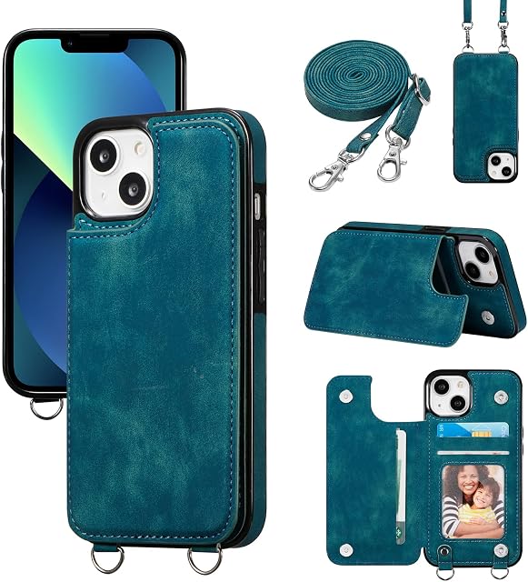 ZTOFERA Crossbody Lanyard Case for iPhone 13/14, Matte PU Leather + Soft TPU Flip Wallet Back Case with Card Holder Adjustable Shoulder Strap Neck Cord Protective Back Cover for iPhone 13, Green
