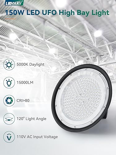 Miniatura 2 de LEDIRAY - Paquete de 6 luces LED de alta bahía de 150 W 15000 lm (Eqv.400 W MHHPS) 5000 K luz diurna UFO alta bahía luces para granero, almacén,