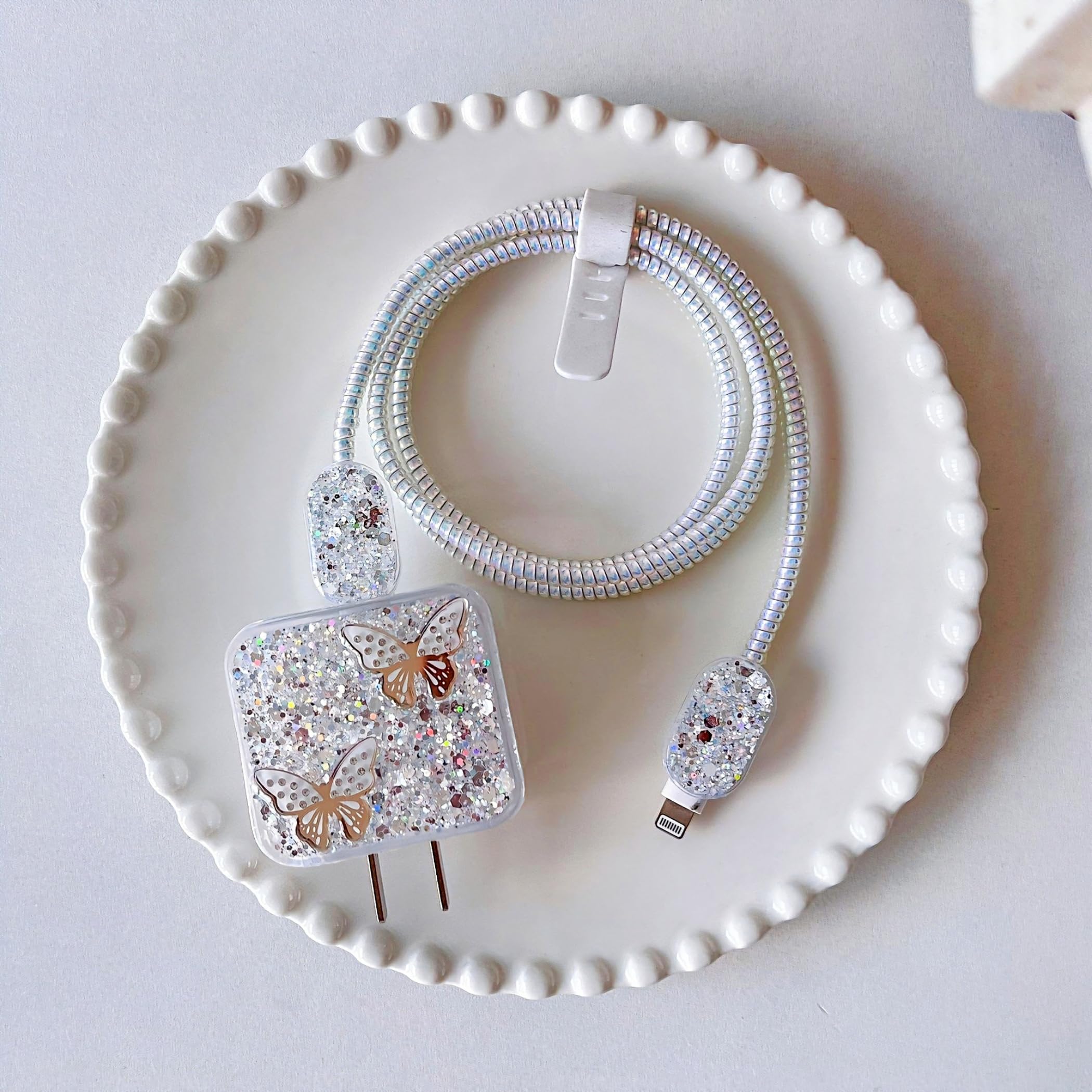 Cute Cable Protector for iPhone Charger,Glitter White Pattern with Butterfly Design Data Line Cable USB Wire Saver Charger Protector,Charging Cord Protector Cover for iPhone 11 12 13 14 15 16 Pro Max