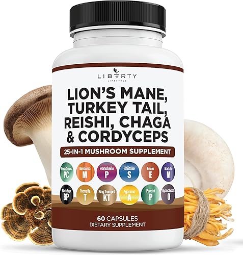 Suplemento de hongo de melena de león con cola de pavo Reishi Cordyceps Chaga con raíz de malvavisco, 1 paquete